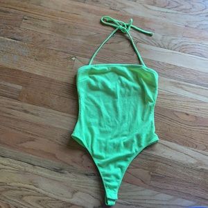 Urban Outfitters, neon green/yellow bodysuit, open back, removable straps, thong